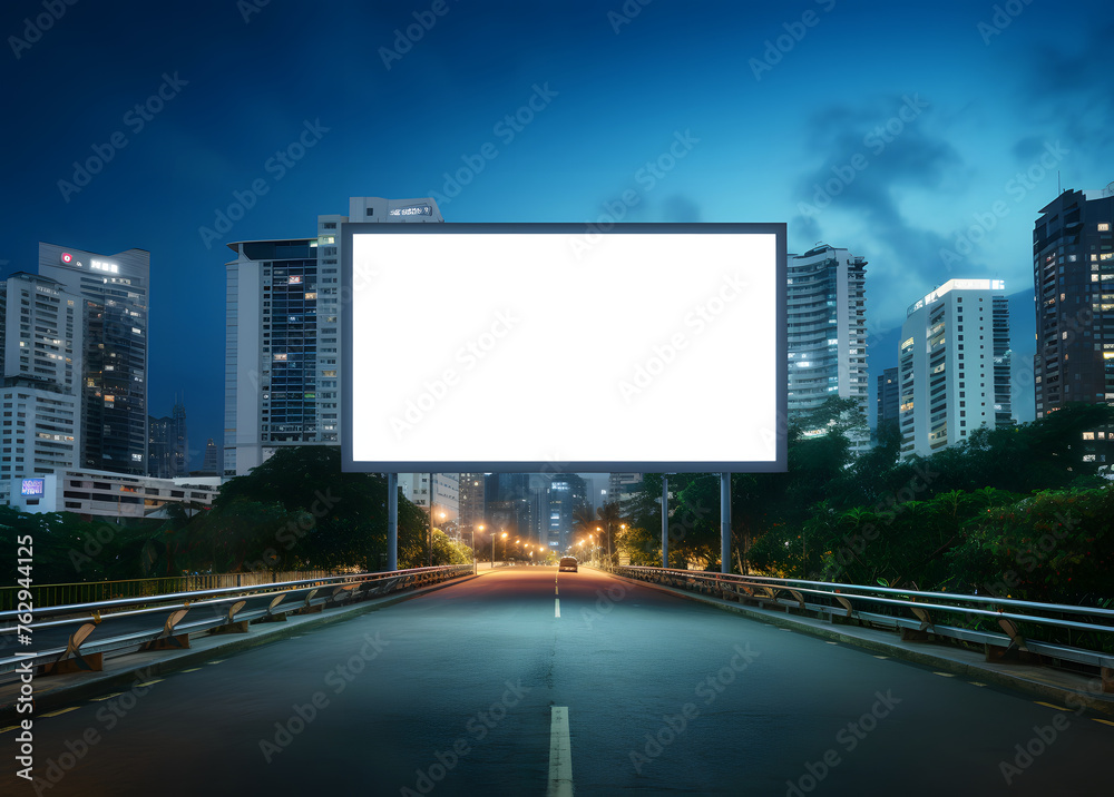 Illuminated Billboard Mockup, in the Background Towers Over Bustling Streets Illuminated Billboard Mockup, in the Background Towers Over Bustling Streets