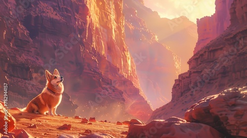 A curious Corgi standing at the base of a towering canyon, looking up as the first light of dawn breaks over the rim. The soft pink and orange hues of the morning sky cast a gentle glow  photo