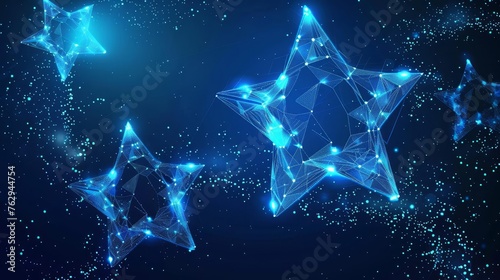 Abstract blue stars in low poly style with wireframe light connection structure