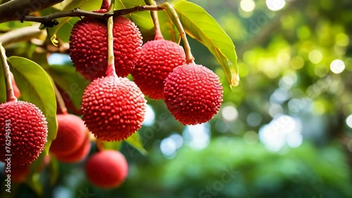 Close-up of lychee fruits on tree branch photo