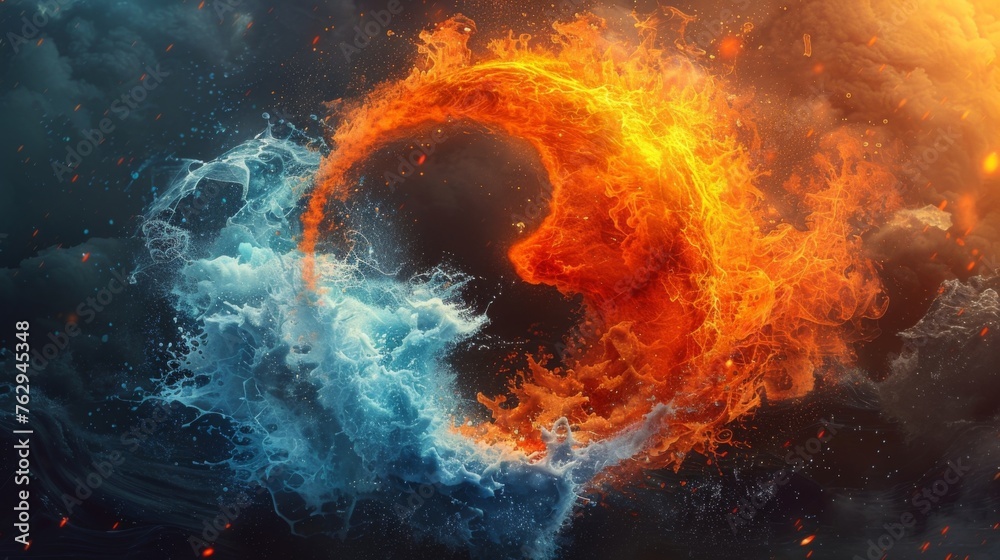 A yinyang symbol composed of various elements such as fire and water to symbolize the interconnectedness of opposing forces. - obrazy, fototapety, plakaty 