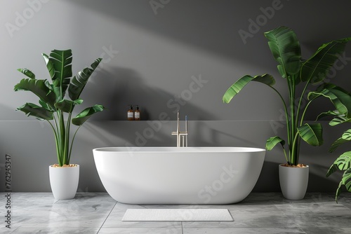 Elegant bathroom interior with freestanding bathtub and tropical plants