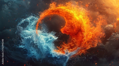 A yinyang symbol composed of various elements such as fire and water to symbolize the interconnectedness of opposing forces. photo