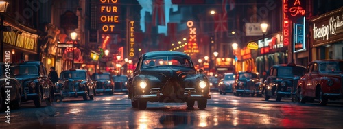 Retro cars in night city on background neon lights vibrant colors. Night scene of after rain city in nostalgic 40s, 50s. © Yuliia