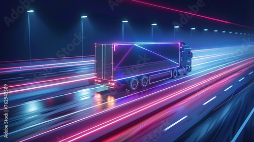 Autonomous truck on futuristic highway, self-driving vehicle technology, digital concept illustration