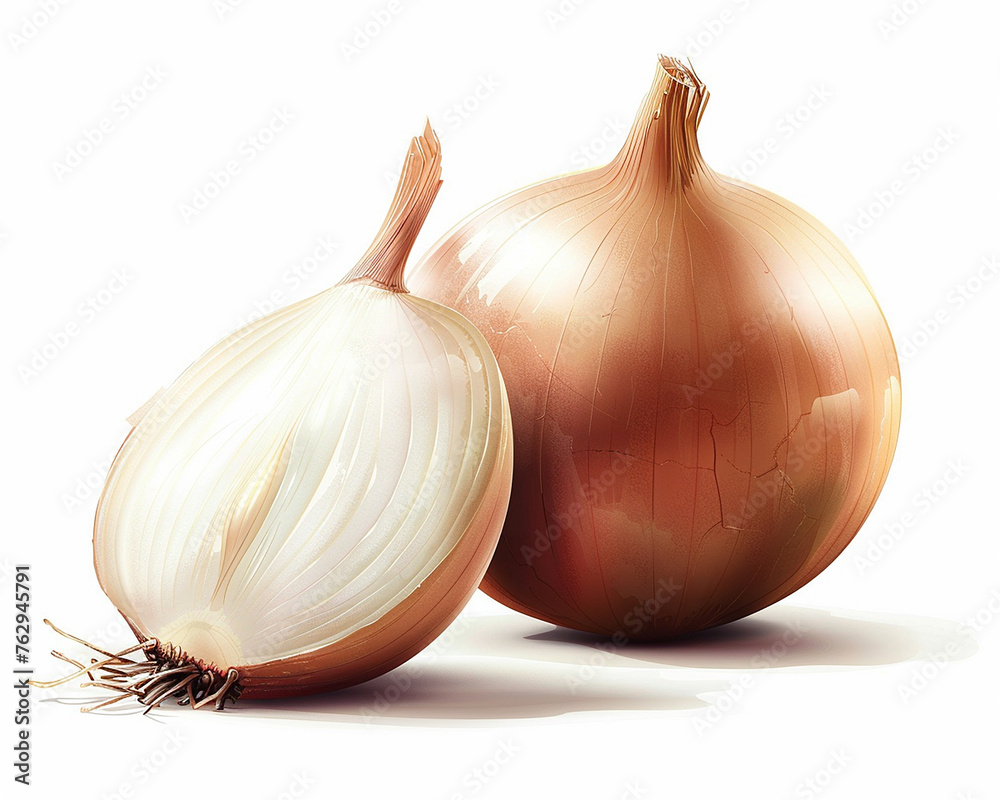 Whole onion with slice isolated on white background. Close-up Shot. 