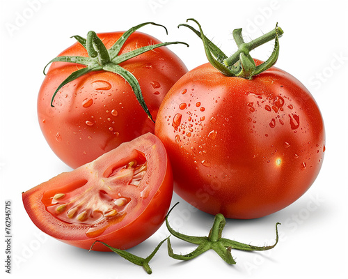 Whole tomato with slice isolated on white background. Close-up Shot. 