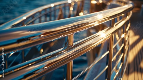 The closeup highlights the precision of the yachts metallic railing its flawless curves and glimmering surface inviting admiration. © Justlight
