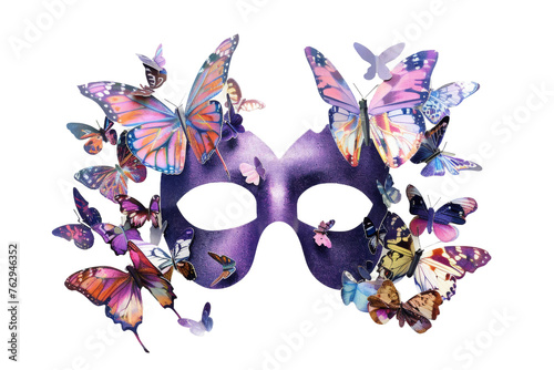 3D Purple Color Mask with Colorful Butterflies isolated on transparent background