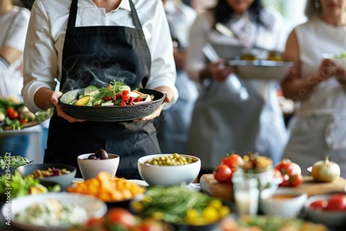 Professional Chef Wearing Apron and Gloves Holding a Bowl of Fresh and Colorful Salad in a Modern Commercial Kitchen  Perfect for Catering or Restaurant Business Marketing and Advertising