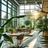 Green open-plan office during golden hour. This image captures the serene atmosphere of an open-plan office during sunset with lots of greenery