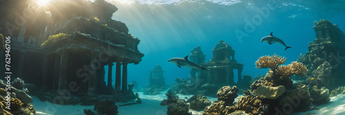 Panoramic view of underwater ancient ruins. Dolphin swimming around © JuanJos