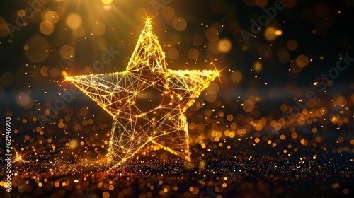 Glowing abstract golden star with wireframe light connections, futuristic 3D illustration