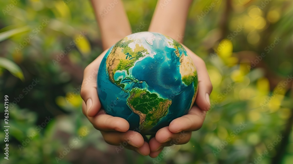Human hands holding globe with green nature elements, World Environment Day concept Human hands holding globe with green nature elements, World Environment Day concept
