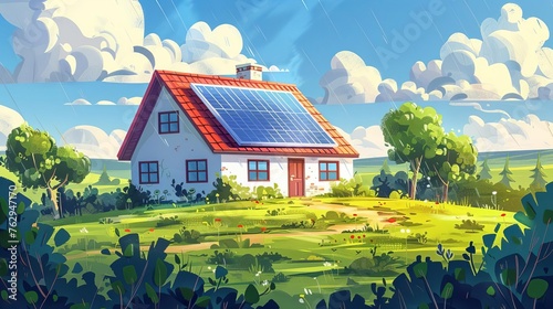House with solar panels on the roof, sustainable and clean energy at home, digital painting