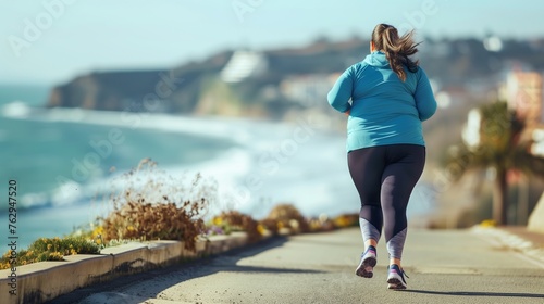 An overweight woman running on the path by the sea, shot from behind. Weight loss concept.