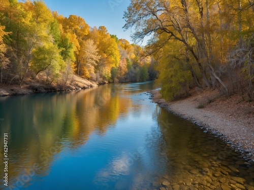 A winding river, its surface reflecting the vibrant colors of the surrounding trees and sky, with a gentle current that carries you along its path