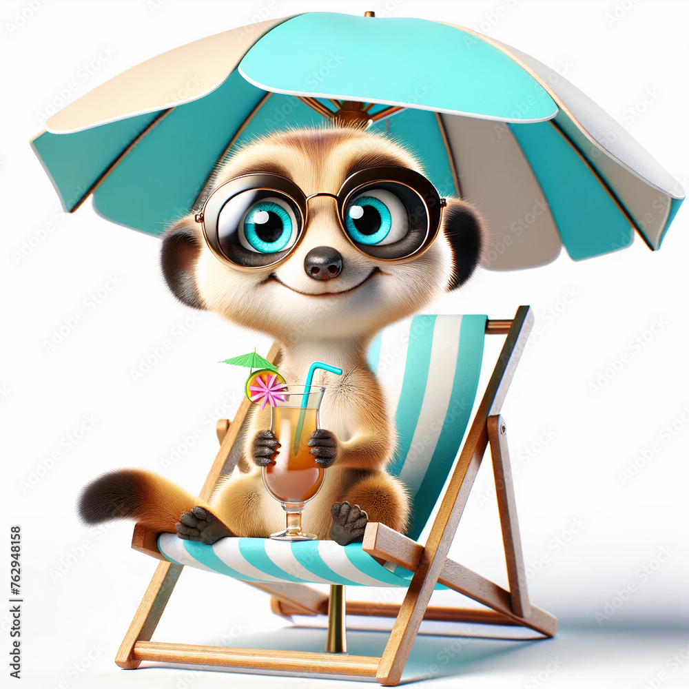 3d suricate character with fresh cold drink relaxing on deckchair