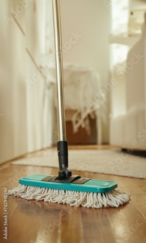 Close-up of a blue mop cleaning the floor. Cleaning mop for chores, ensuring a clean and hygienic home environment. Housework concept for a banner, flyer, poster, presentation with copy space.