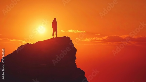 Silhouette of person standing on mountain peak at sunset, achievement and success concept