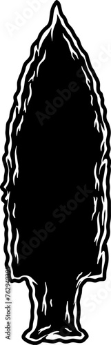 Illustration of stone arrowhead. Design element for poster, card, banner, logo, emblem. Vector illustration