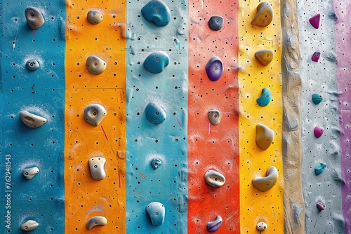A colorful indoor climbing wall.