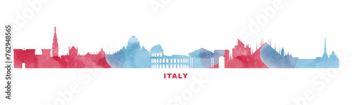 Italy country skyline with cities panorama. Vector flat watercolor style banner, logo. Milan, Rome, Turin, Naples megapolis silhouette for footer, steamer, header. Isolated graphic #762948565