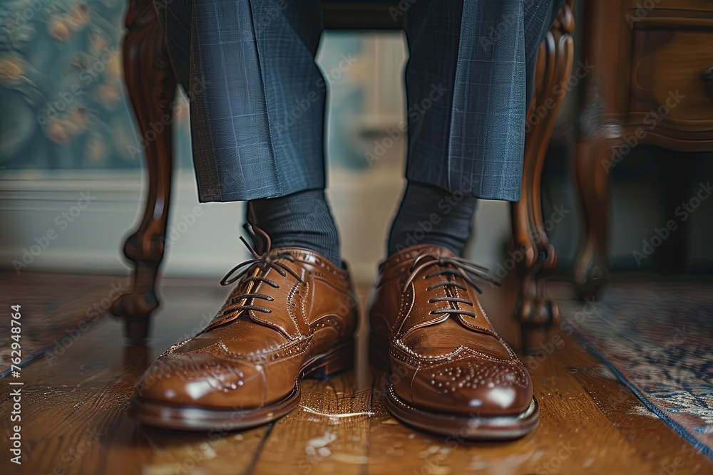 A man in a business suit ties the laces. A man in a business suit ties the laces.