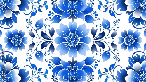 Traditional Russian Gzhel Floral Seamless Pattern - Folkloric Blue and White Ornamental Design