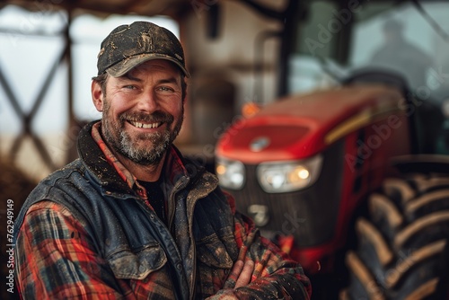 A smiling male tractor driver standing in front of tractor.