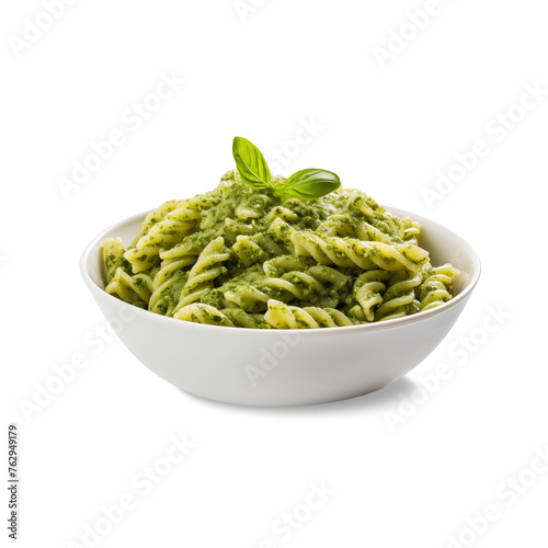 bowl of green pesto pasta