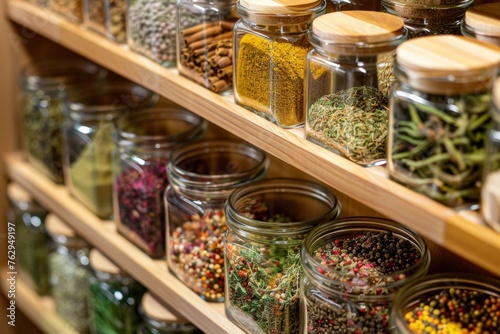 Rustic wooden shelves stocked with a variety of glass spice jars filled with colorful dried herbs and spices in a storeroom or pantry. Selective focus on front jars.