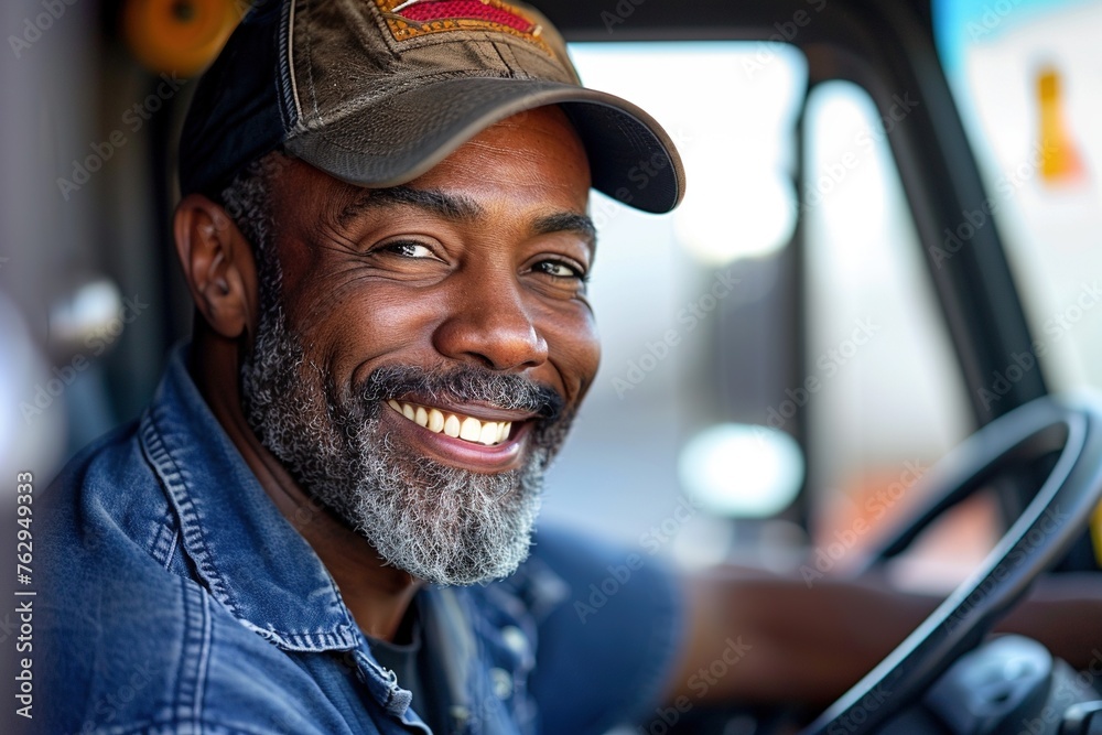 A smiling male truck driver.