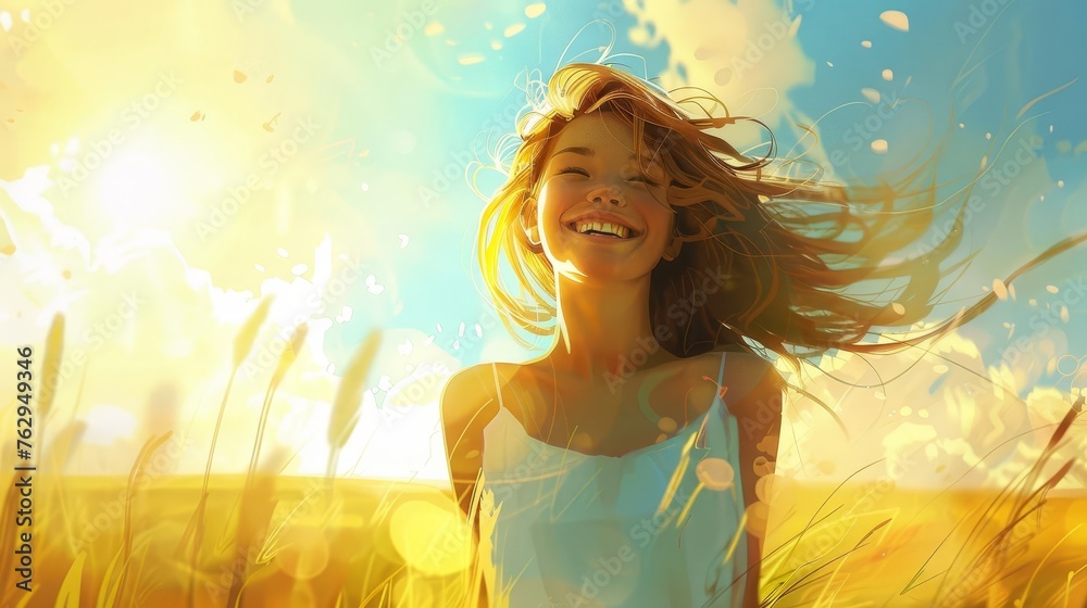 Young happy smiling woman standing in a field with sun shining through her hair, digital painting - obrazy, fototapety, plakaty 