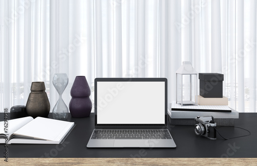 Empty white screen laptop, copy space on the device, working desk decoration minimalism style, black table and white translucent curtain background, work from home concept, 3d rendering