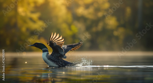 A common loon flapping its wings on a lake © zephyr_moonstone