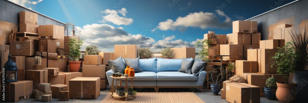 A truck loaded with moving boxes and furniture illustrates the concept of moving services on the blue sky background. - obrazy, fototapety, plakaty 