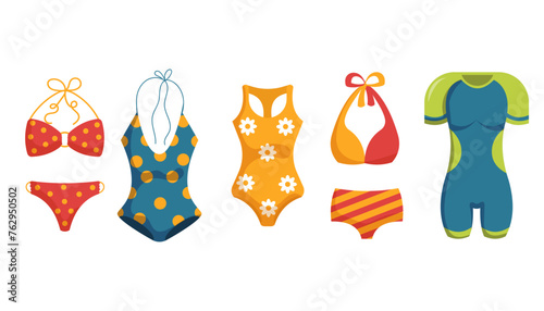 Swimwear collection. Set of different types Women's Swimwear. Split, One-piece and Sport swimsuit. Flat style. Vector illustration  isolated on white background
