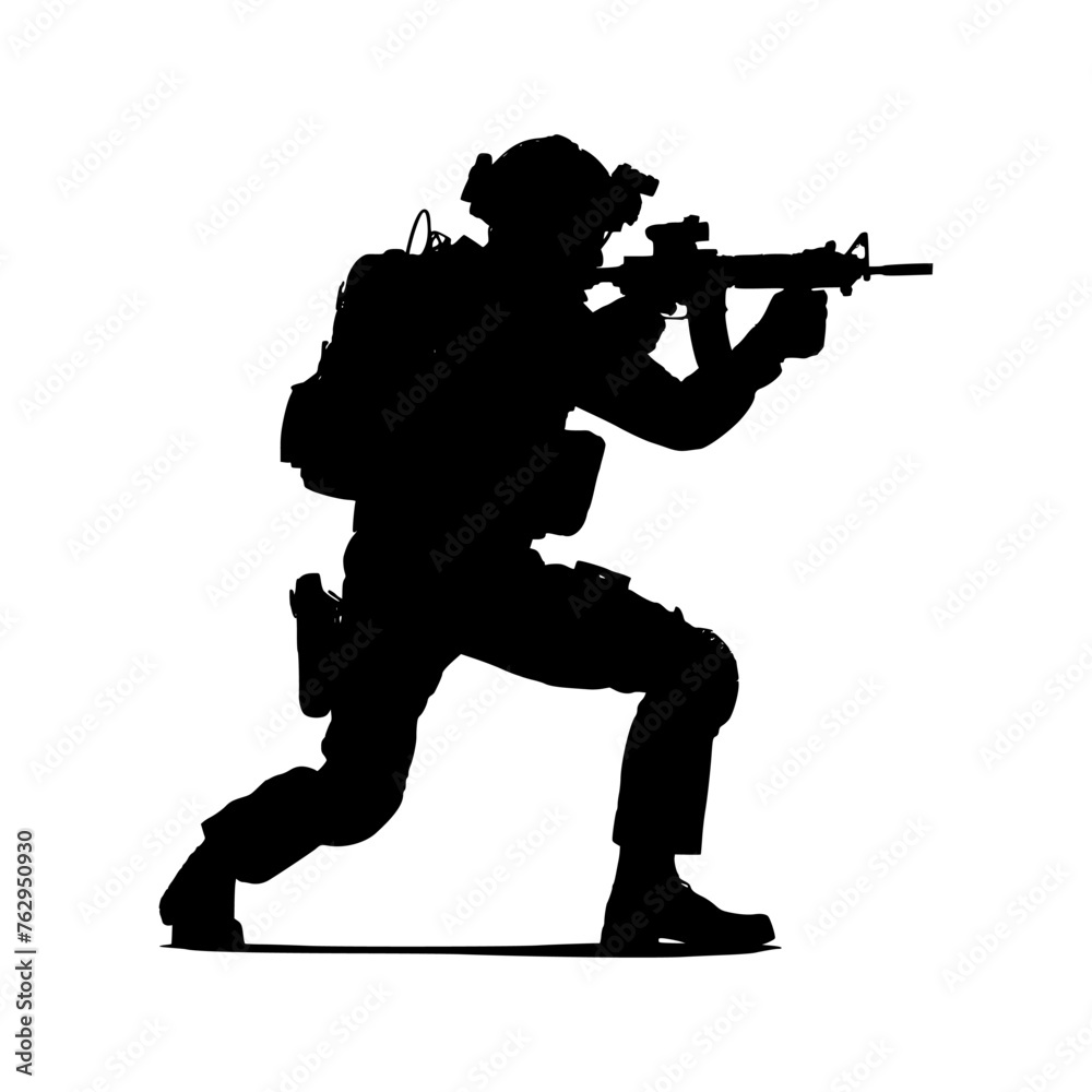 Silhouette of a special op in combat stance. vector illustration of a military member. Silhouette of a special op in combat stance. vector illustration of a military member.
