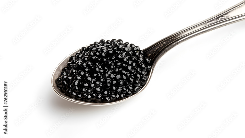 Spoon of black caviar isolated on white. Heaped spoon of black caviar