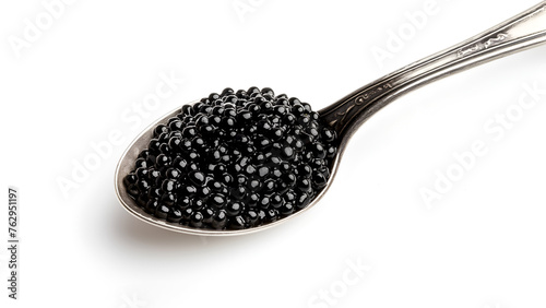Spoon of black caviar isolated on white. Heaped spoon of black caviar on white background. Silver spoon with luxurious black caviar. Isolated spoonful of black caviar, source of omega-3 fatty acids