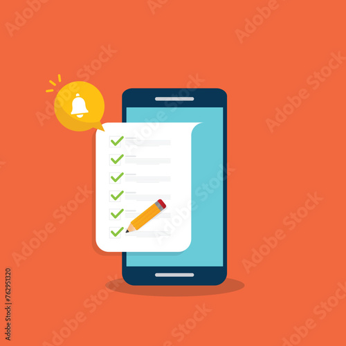 Fototapeta Naklejka Na Ścianę i Meble -  Checklist. Check list document on smartphone, smartphone with paper check list and to do list with checkboxes, concept of survey, online quiz, completed things or done test, feedback.