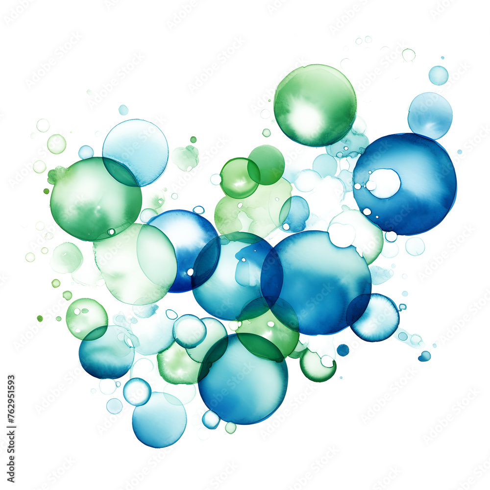 A cluster of sky blue and mint green abstract watercolor floating bubbles, isolated on white and transparent background A cluster of sky blue and mint green abstract watercolor floating bubbles, isolated on white and transparent background