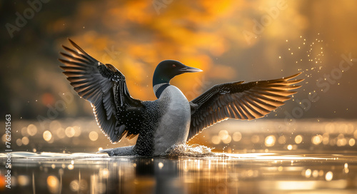 A common loon flapping its wings on a lake photo