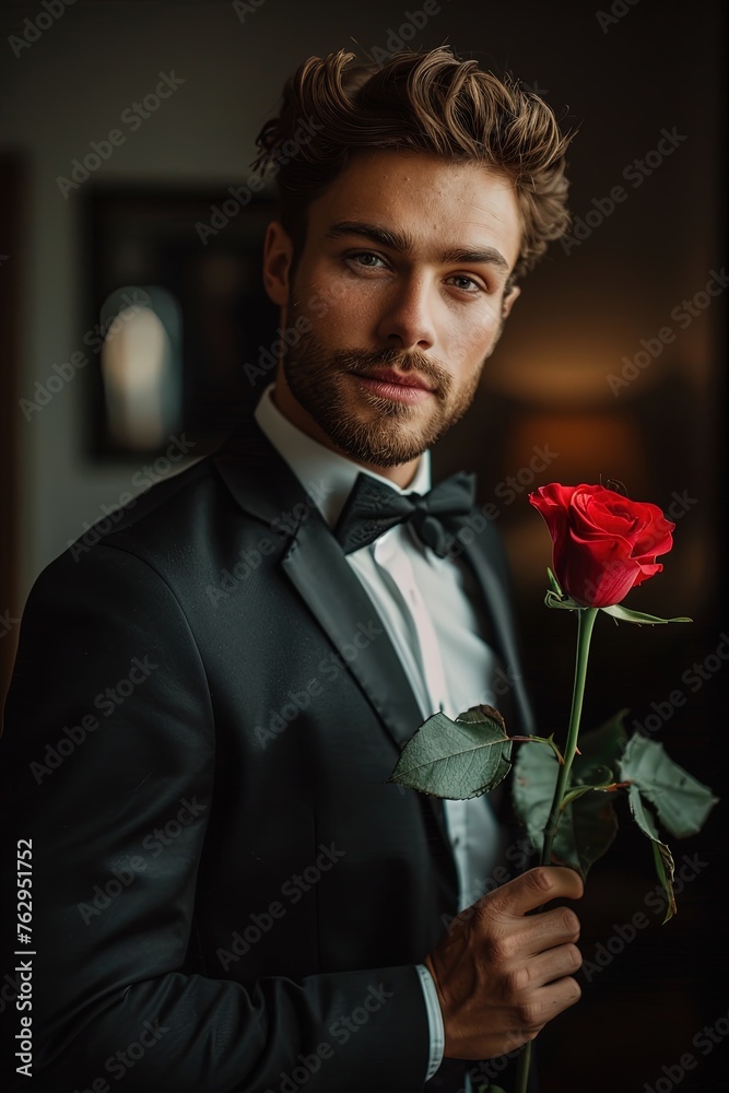 Young caucasian man in suit holding red rose. Young caucasian man in suit holding red rose.