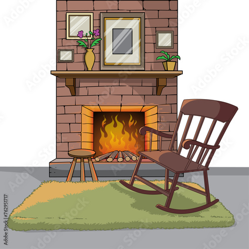 a room with rocking chairs and a warm fireplace