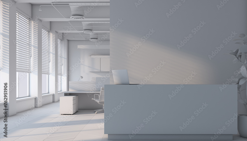 White and gray office hall and white reception desk with mockup laptop, open space area in 3d background, co working space with city view, empty room with sunny day, office furniture, 3d rendering - obrazy, fototapety, plakaty 