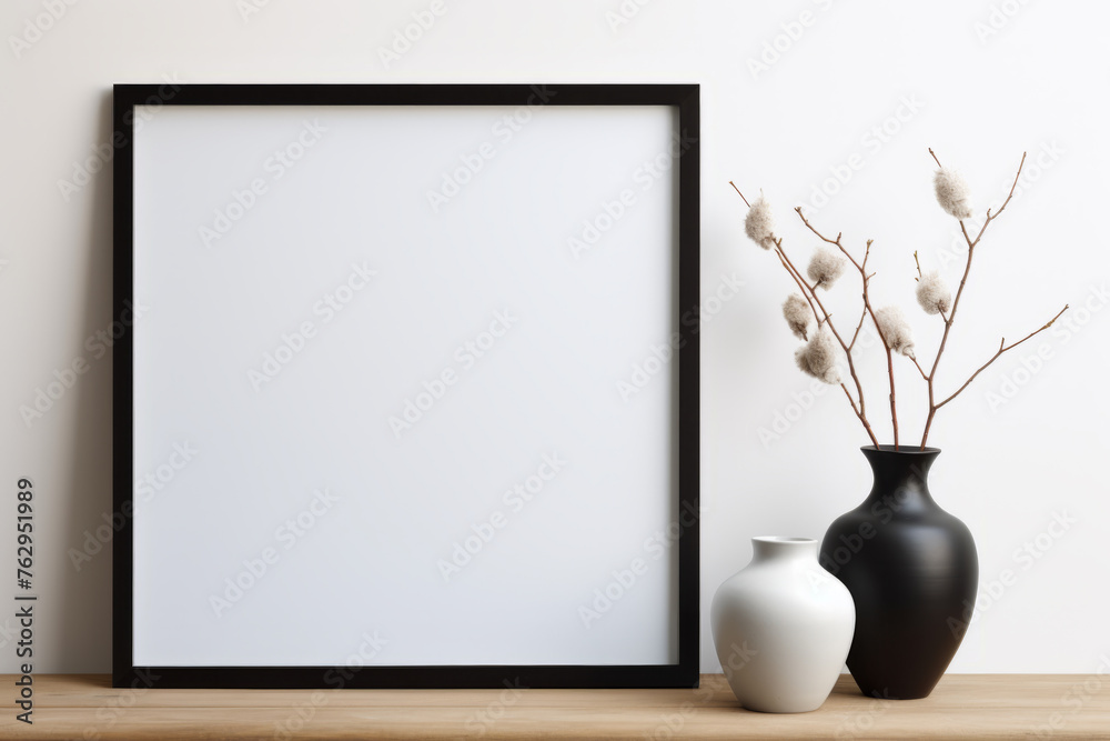 A black and white framed picture sits on a wooden table next to two vases A black and white framed picture sits on a wooden table next to two vases