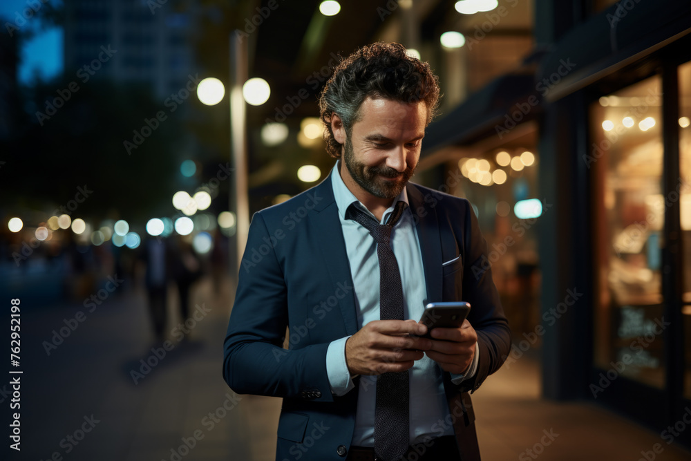 A man in a suit is looking at his cell phone while walking down a street A man in a suit is looking at his cell phone while walking down a street
