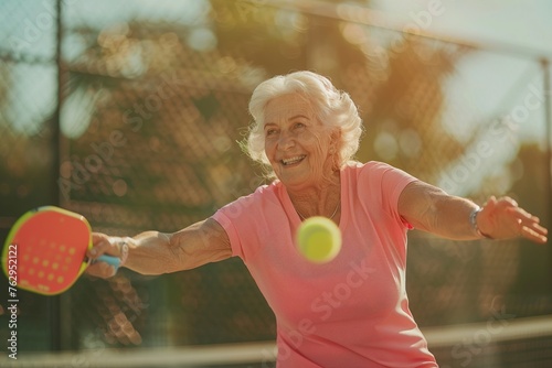 Old woman playing pickleball. © Bargais